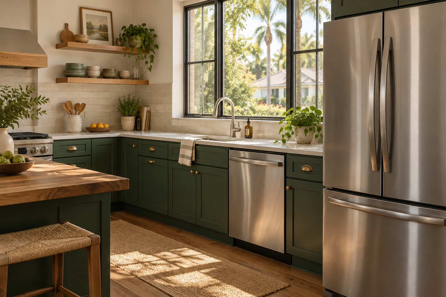 Illustrative sunlit kitchen with stainless steel appliances and green cabinets